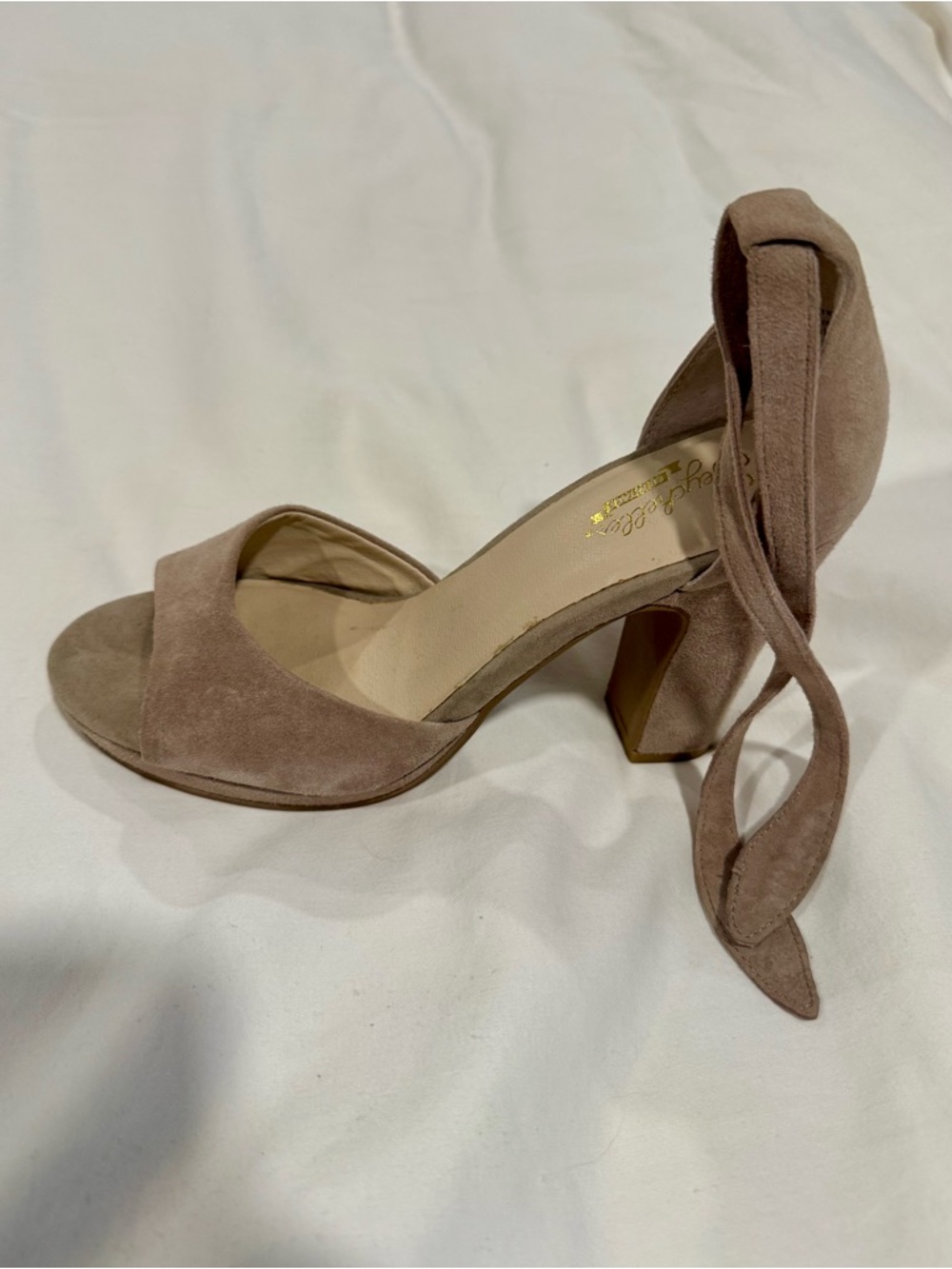 Seychelles Taupe Suede Open-Toe Block Heel with Ankle Tie
